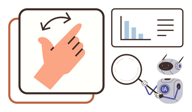 Robot with magnifying glass examining data charts, alongside hand gesture for swipe action. Ideal for AI, technology, data analysis, UX design, innovation, automation, and digital interaction