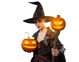 Fototapeta premium Untitled design - Jack-o’-Lantern Wizard Theme With Magic Staff, Dramatic Angle, PNG Cut-Out (3)