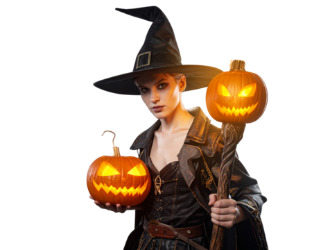 Untitled design - Jack-o’-Lantern Wizard Theme With Magic Staff, Dramatic Angle, PNG Cut-Out (3)
