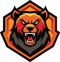 Aggressive grizzly bear head emblem with fierce expression isolated on white background