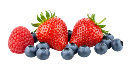 Two red strawberries and a pink raspberry surrounded by blueberries isolated on a transparent background