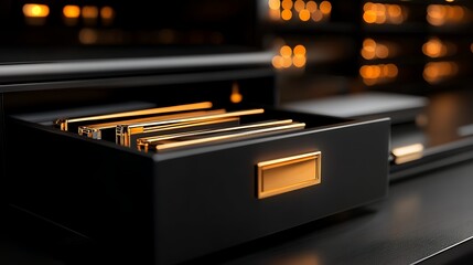 Sleek black drawer open with golden files in modern office interior