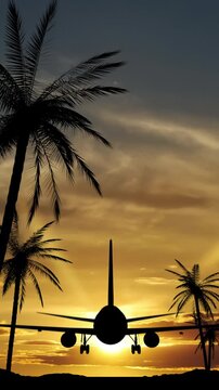 Passenger Airplane Landing With A Beautiful Tropical Sunset.
