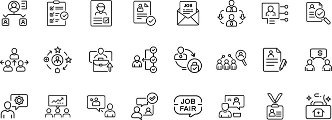 Set of black outline vector icons about human resources, recruitment, job search, career growth, and business management on transparent background