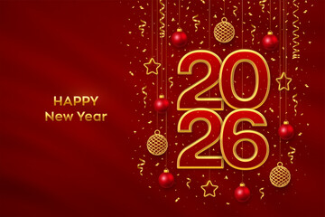 Happy New Year 2026. Hanging numbers 2026 with shining golden bauble balls, gold metallic stars, confetti on red background. New Year greeting card, banner template. Realistic Vector illustration.