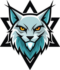 Aggressive lynx head emblem with geometric star design isolated on white background