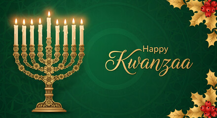 Happy Kwanzaa holiday greeting with a golden candelabrum and lit candles. Festive winter celebration with holly decorations on a dark green background.