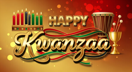 Happy Kwanzaa greeting illustration with a lit Kinara. African-American holiday celebration with seven candles and golden confetti on a black background 