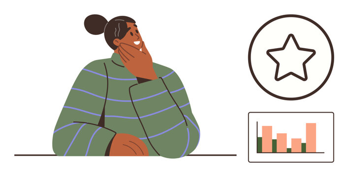 Person resting chin on hand reflects thoughtfully. Charts symbolize progress, growth, data, while star conveys goal setting and success. Ideal for analytics, planning, decision-making, evaluation