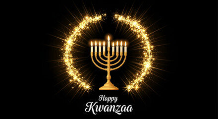 Golden Menorah with Sparkling Wreath and Happy Kwanzaa Greeting on Black Background