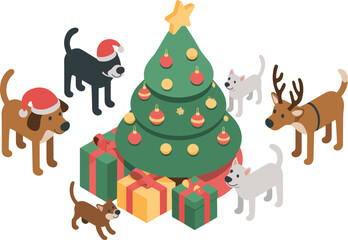 Isometric Christmas illustration featuring cats, dogs, reindeer, and festive gifts around a decorated Christmas tree in winter holiday theme