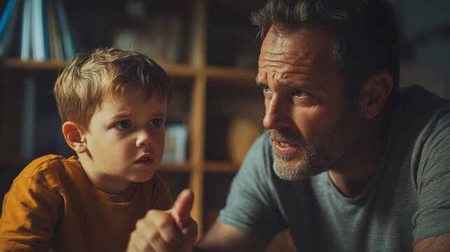 A worried child looks at an adult, expressing anxiety, which is suitable for illustrating family conflicts and would be appropriate as a background image in social campaigns 