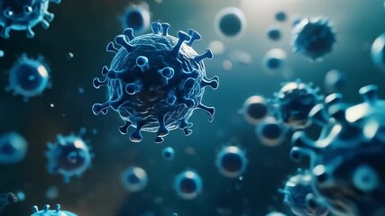 Microscopic menace: A detailed representation of coronavirus particles floating in a sea of blue, presenting the unseen threat of a global health crisis.