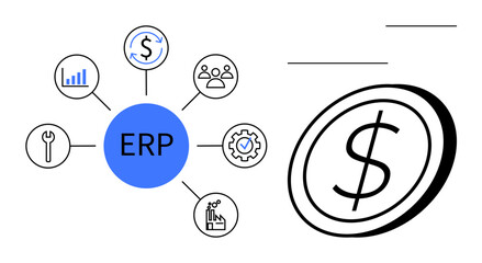 ERP hub surrounded by icons for analytics, finance, tools, HR, production, and supply chain. Dollar sign representing growth. Ideal for business management, finance integration strategy