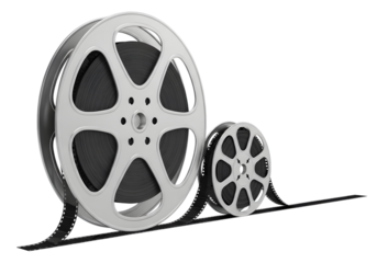 Two silver film reels with black film unwinding on a transparent background isolated on a transparent background