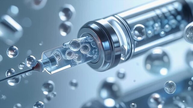 Injection of Healthcare: A close-up view of a syringe filled with clear medication, encapsulated in ethereal bubbles. Emphasizing the precision and vital role of medical interventions