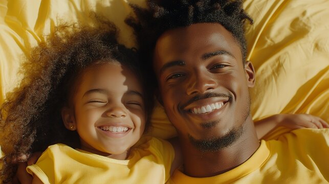 Happy african family moment: smiling father and daughter in yellow clothing