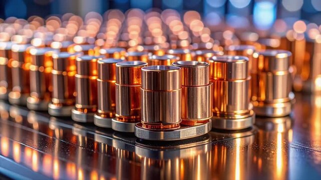 Precision Manufacturing: rows of meticulously crafted copper components, capturing the essence of Industry