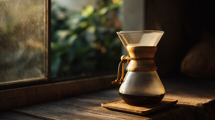 Pour over coffee preparation on wooden table natural window morning sunlight glass carafe hot beverage steam cozy rustic home interior