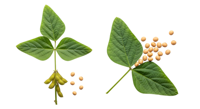 Two soybean plants with green leaves and pods alongside scattered dried soybeans isolated on a transparent background