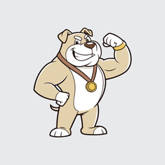 Strong Bulldog Mascot Vector Illustration with Flexing Arm and Medal Muscular Animal Athlete Design Proud and Confident Expression Character for Sport Teams or Fitness Brands