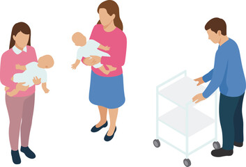 vIsometric family illustration showing parents and caregivers holding babies, childcare and parenting concept for nursery, home care, and family support