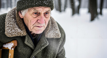 Elderly man with cane looking pensive in snowy winter forest  