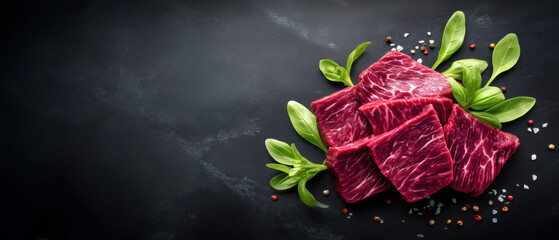 Luxury food raw beef steak with fresh basil and coarse salt on dark surface evoking appetite