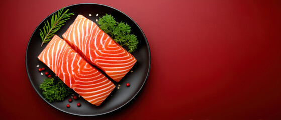 Luxury food fresh salmon fillet garnish parsley rosemary peppercorn