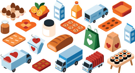 Isometric food and delivery icons set, sushi, bread, cookies, chocolate, milk carton, grocery bag, transport truck, heart box illustration