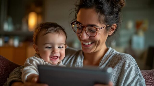 Mother and baby enjoying a video call on a tablet at home