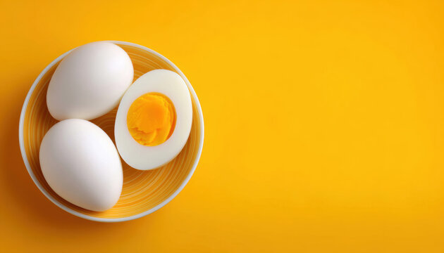 Luxury food boiled egg in bowl on yellow background with bright minimal mood