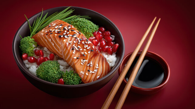 Luxury salmon bowl with rice broccoli and pomegranate seeds topped sesame