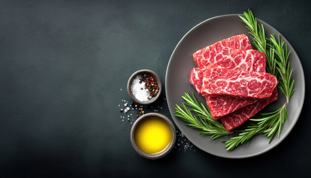 Luxury food marbled steak on plate with rosemary and olive oil - Powered by Adobe