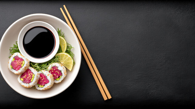 Luxury food sushi roll with soy sauce lime and chopstick on black background