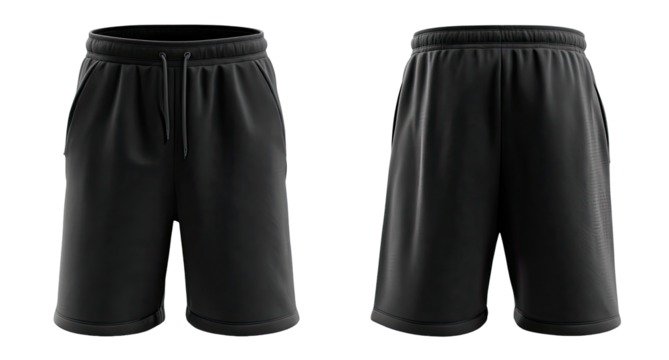 Dark gray/black athletic shorts, front and back views.  Drawstring waistband.  Classic, casual style.  Side pockets.  Curved hem
