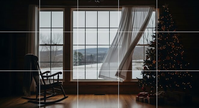 Cozy Christmas scene featuring gifts under a festive tree, rocking chair, and snowy winter view from the window for heartwarming holiday designs - Powered by Adobe
