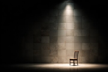 A solitary empty chair in a dim courtroom, harsh overhead light creating deep shadows, evoking a sense of anticipation and justice