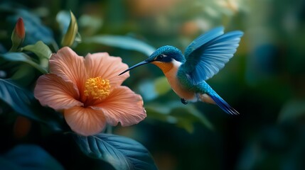 Fototapeta premium Hummingbird hovering near blooming hibiscus flower in lush greenery