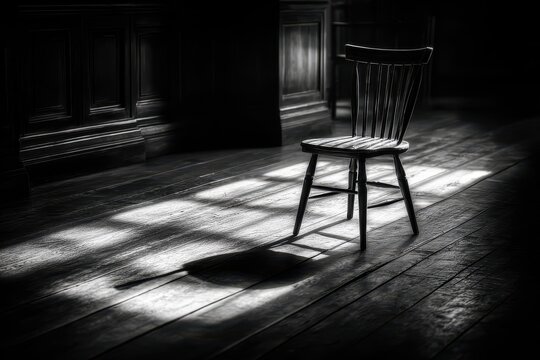 An empty chair positioned in a silent courtroom, strong light casting elongated shadows, embodying the theme of waiting for justice in monochrome tones