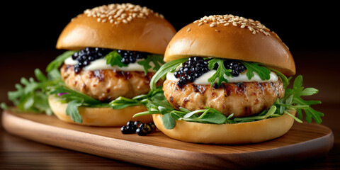 Luxury food chicken burger with arugula cream and caviar sesame bun, elegant gourmet presentation