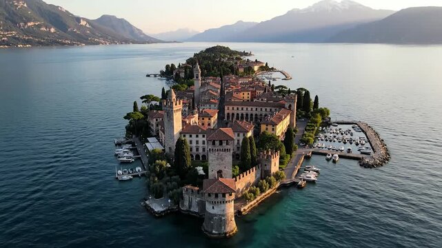 Aerial view of Isola dei Pescatori on Lake Maggiore Italy.