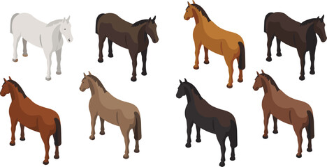 Isometric horse illustration collection showing eight horses in standing pose, different coat colors for equestrian, animal design, and farm concept