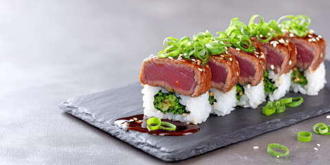 Luxury food seared tuna sushi roll garnished with scallion and sesame
