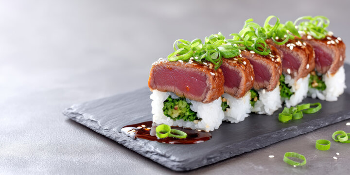 Luxury food seared tuna sushi roll garnished with scallion and sesame - Powered by Adobe