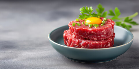 Luxury food raw beef tartare topped with egg yolk and chive garnish for elegant dining
