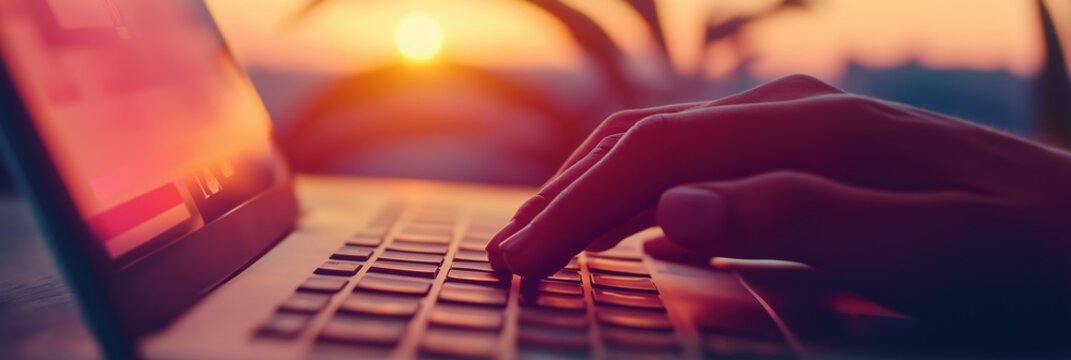 Hand typing on laptop keyboard with beautiful sunset in background. Concept of remote work, digital nomad, or blogging
