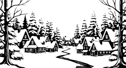 A monochrome illustration of snow covered houses and trees in a winter village landscape scene art
