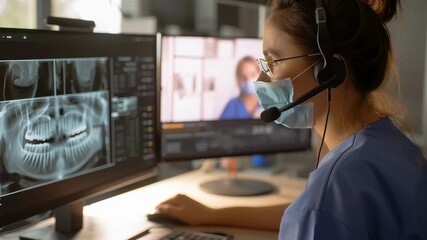 Female doctor in mask and headset looking at dental x-ray and video call - Powered by Adobe