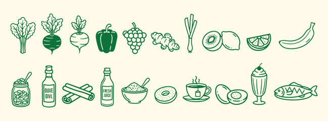 pixel art Healthy Food. Green. Icon Set. A modern green vector line art collection of fruits, vegetables, and drinks for a vegan restaurant menu, a nutrition blog, or an organic market branding.